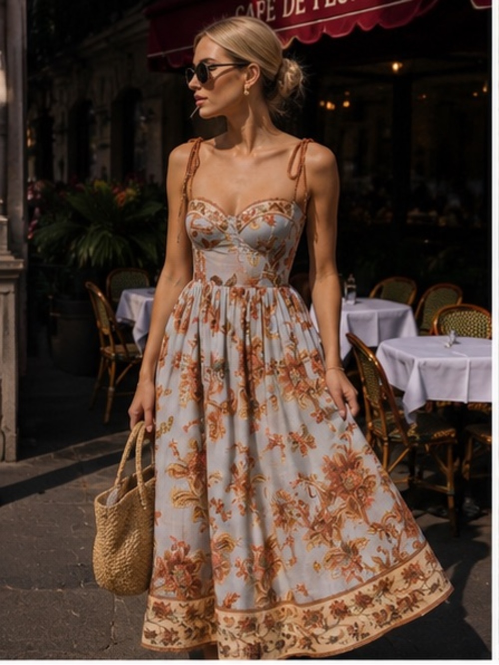 Zimmermann Light Blue Midi Dress with Burnt-Orange Floral Print